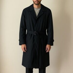 Kasper Men's Elegant Trench Coat Size 44R Black Belt Pockets Classic Fall Winter